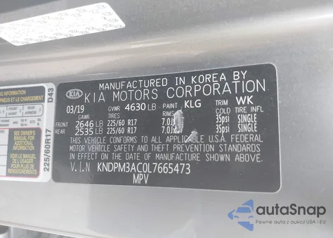 2020 Kia Sportage Lx z USA, uszkodzony, nr VIN KNDPM3AC0L7665473